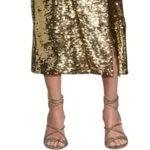 Gianni Bini Gold Sequin Pencil Side Slit Midi Skirt SZ S NWT